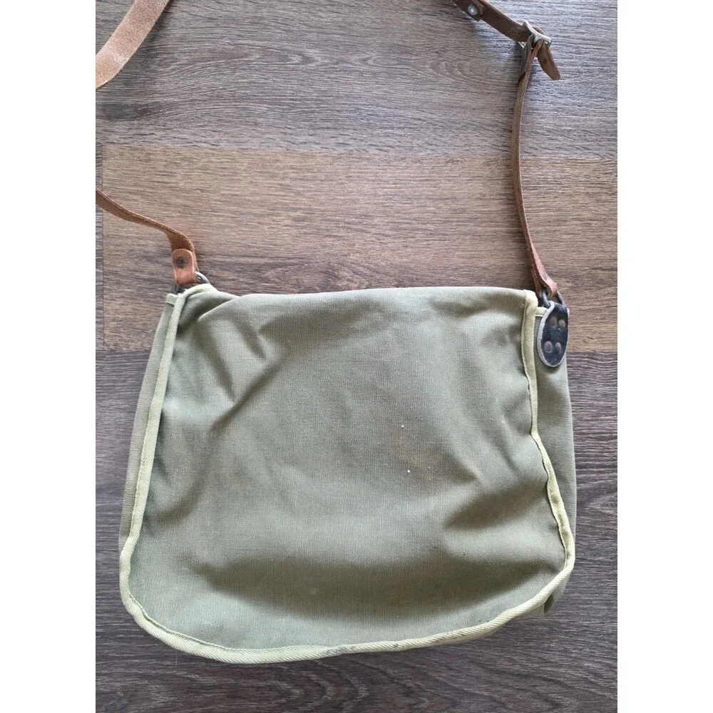Vintage Military Green Army Canvas Messenger Tote Bag Leather Strap Buckle READ